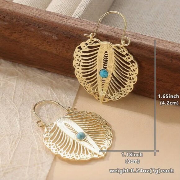 14k Gold Plated Leaf Turquoise Stone Earrings - Picture 7 of 7